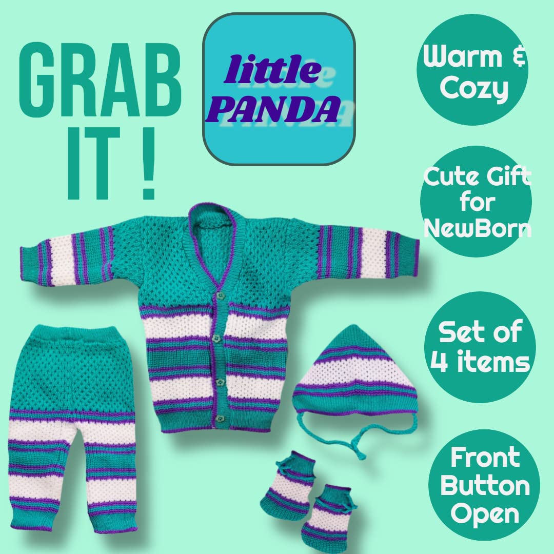 little PANDA Born Baby Sweater for Baby Boys & Baby Girls Woollen Full Sleeves, V Neck Sweater Top, Bottom, Cap & Booties Set (0-3 Months) (Green) - Image 2 thumbnail