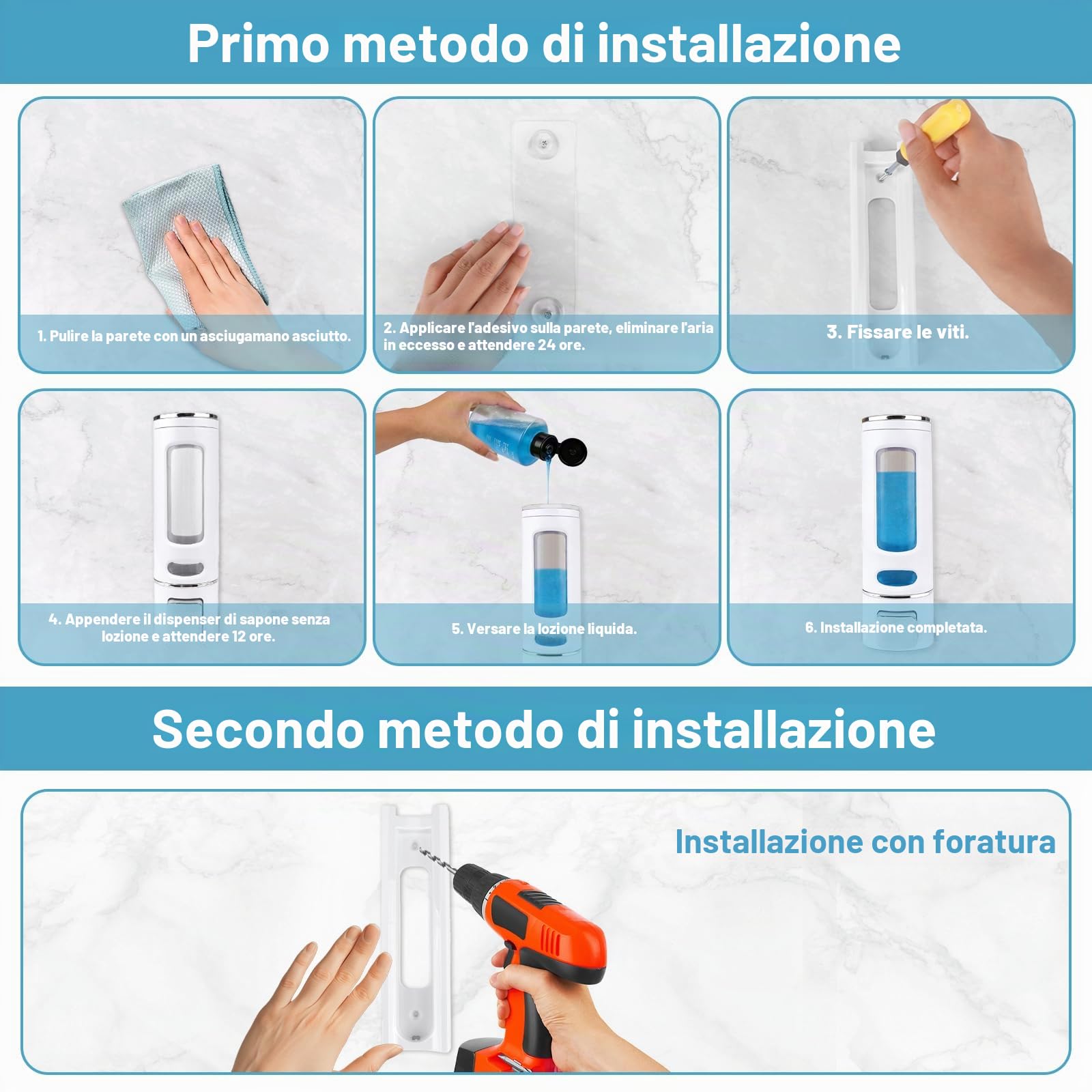 Dispenser di sapone da 400 ml con fissaggio a parete – Facile da montare | scomparto singolo per shampoo, bagnoschiuma e sapone per le mani – Pratico per il bagno e la cucina