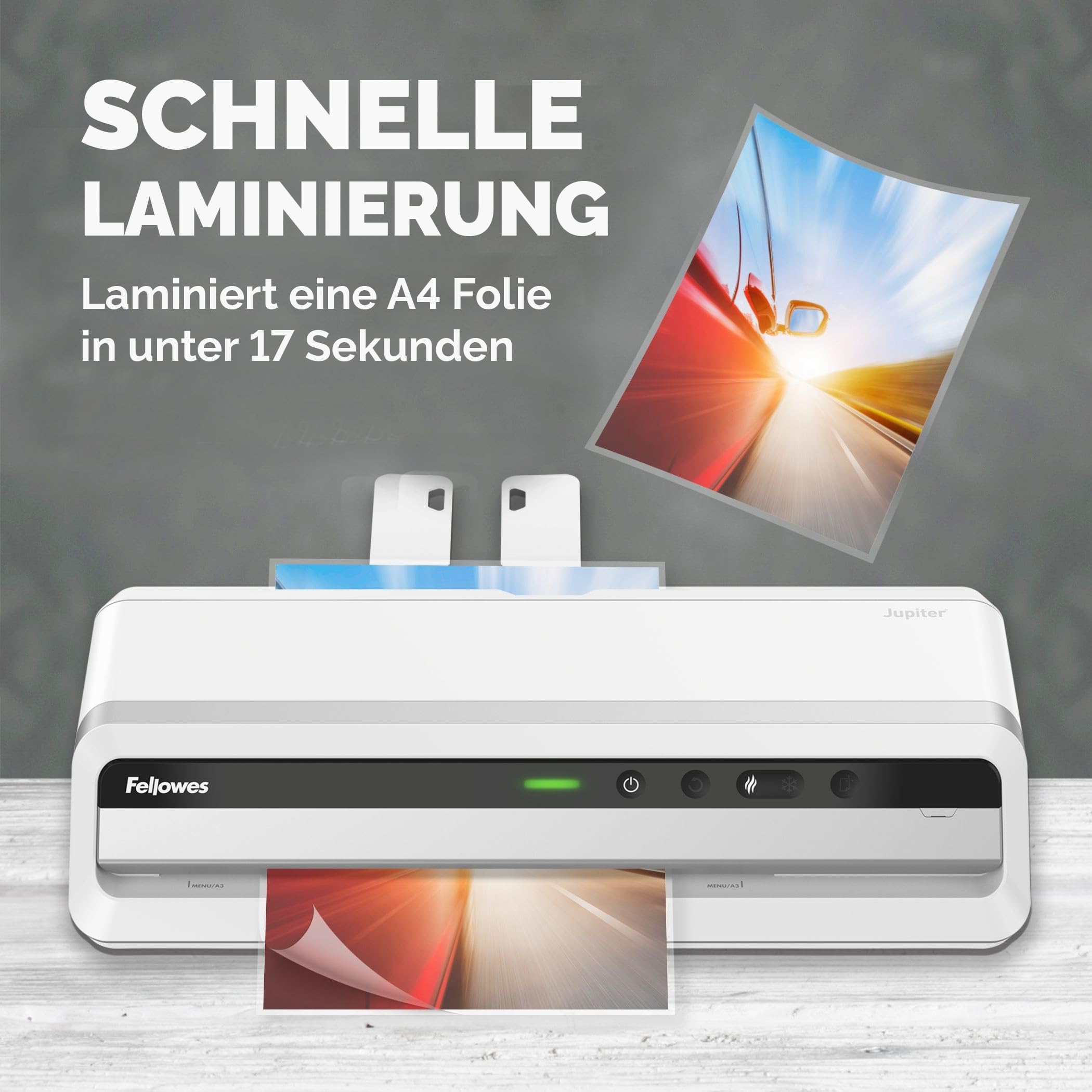 Fellowes Jupiter Laminiergerät A3 zum Heißlaminieren von Hüllen von 80 bis 250 Mikron, intensiver Gebrauch, automatischer Rückwärtsgang, inkl. 10 Laminierfolien, weiß