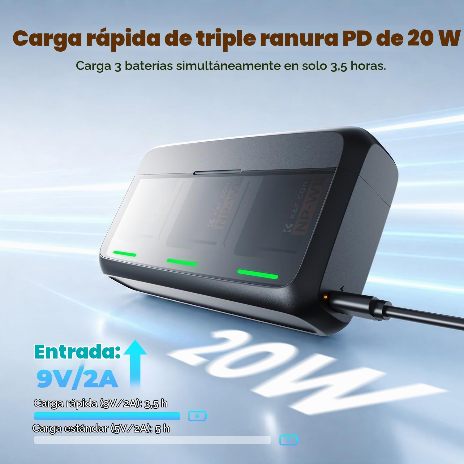 K&F CONCEPT NP-W126 NP-W126S Batería de cámara (paquete de 3) con cargador PD de 20W Compatible con Fujifilm XT30 III/XM5/X100VI/X100V/XS10/XT30/XT30 II/XT20/XE4/A5