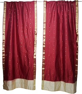Mogul Interior 2 Indian Silk Sari Curtains Maroon Boho Home Decor Door Panel 96X44