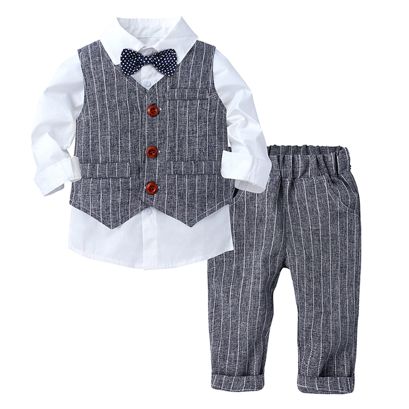 Choomomo Baby Boys 3Pcs Formal Party Suit Toddler Gentleman Outfit Bow Tie Shirt + Tuxedo Vest + Pants Set Grey 3-4 Years