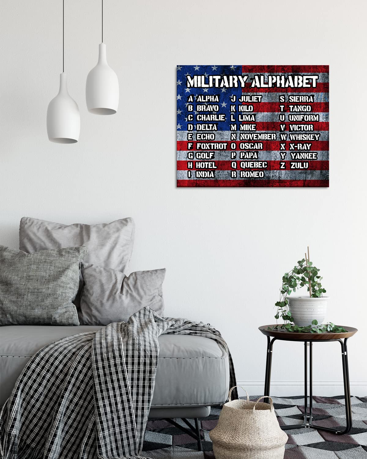 Govivo Militärisches Alphabet Wandkunst – Phonetic Military Print Mit USA-Flagge Hintergrund | Ungerahmt, 27,9 X 35,6 Cm