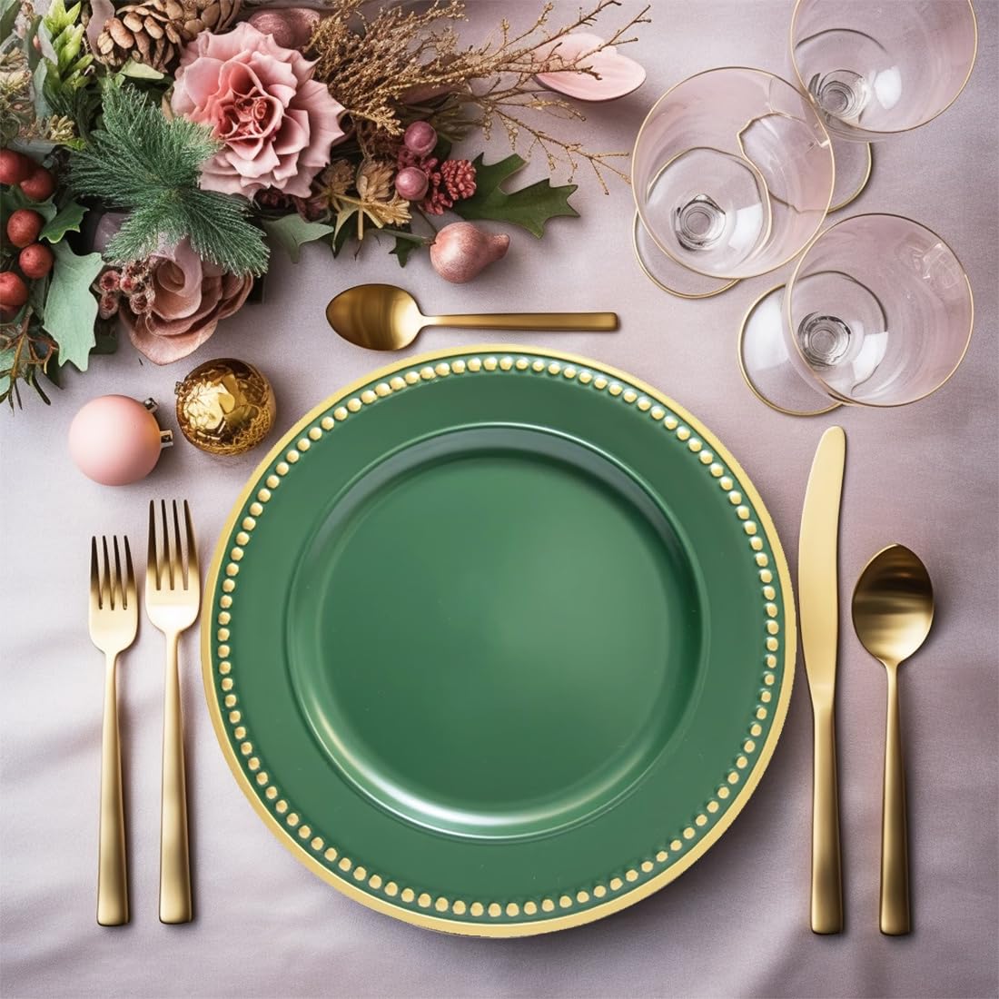 Umisriro Green Beaded Charger Plates, Set of 6, 13 Inch Plastic Round Chargers for Dinner Plates, Party, Wedding, Birthday.(Green. 6)