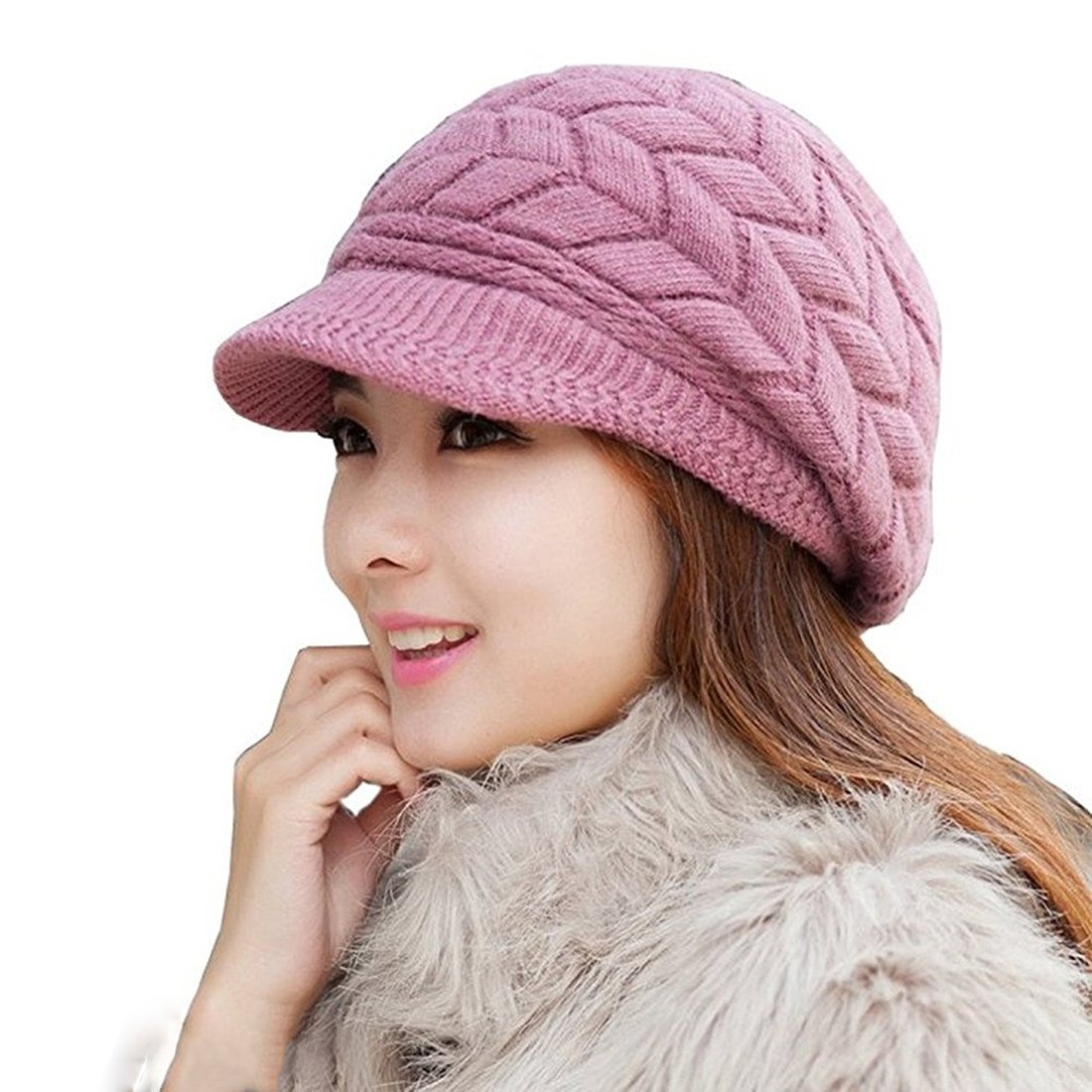 MOHSLEE Women's Cable Knit Visor Hat with Flower Accent Crochet Beanie Skull Cap