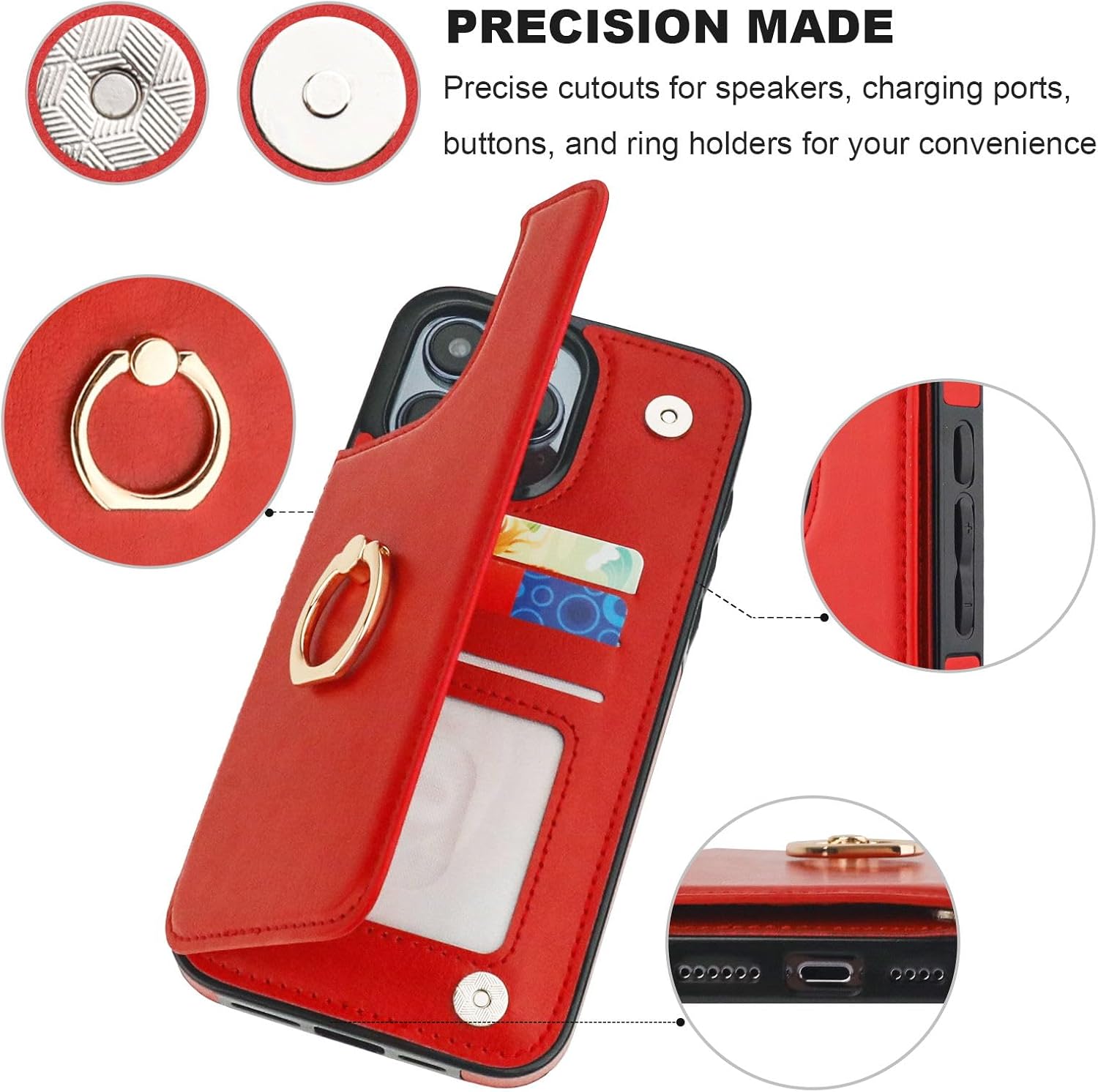 Onetop for iPhone 15 Pro Max Wallet Case with Card Holder, 360° Rotation Ring Kickstand RFID Blocking PU Leather Double Magnetic Clasp Shockproof Cover for Women and Girls 6.7 Inch (Red) - Image 8