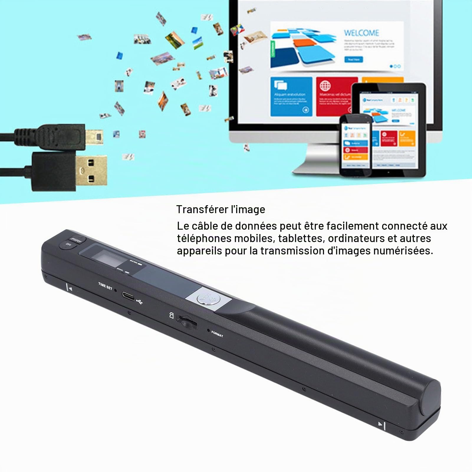Scanner Portable, Scanner Portable pour Documents A4/Photo/Images/reçus, Scanner Portable Couleur 900 DPI, Format PDF/JPG, USB 2.0, Scanner de Documents Baguet Te, 8,27 Pouces