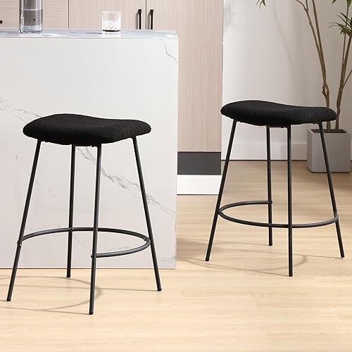 Juego de 2 taburetes de bar negros de altura de mostrador de 25.5 pulgadas, taburetes modernos de tela de peluche, sillas de bar tapizadas sin