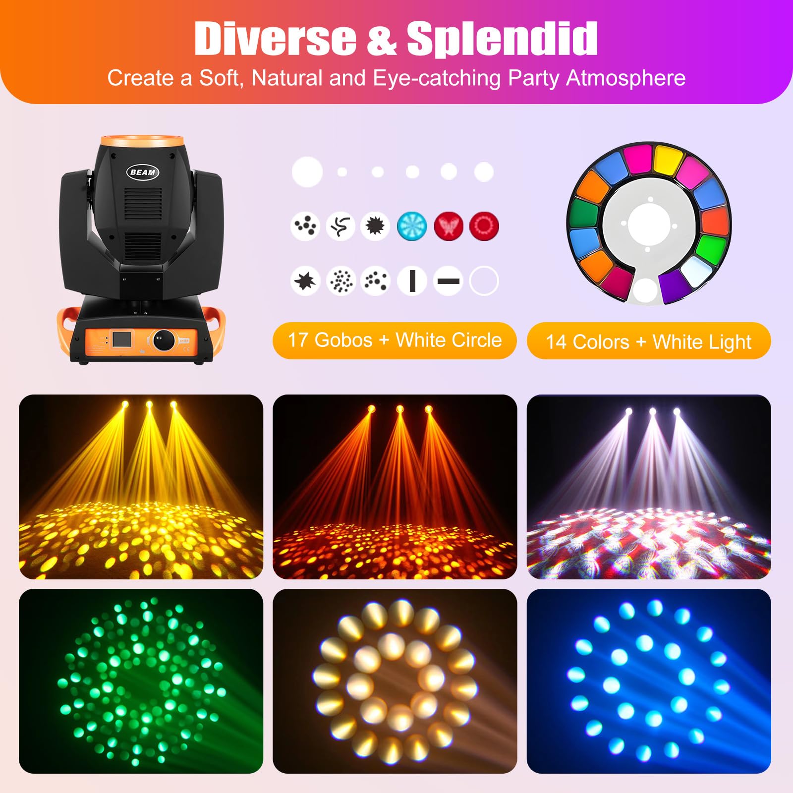 Faisceau lumineux mobile 230 W 17 Gobos RGBW 14 couleurs LED DJ avec écran TFT haute définition pour salles de banquet, discothèques, Noël, fêtes d'anniversaire