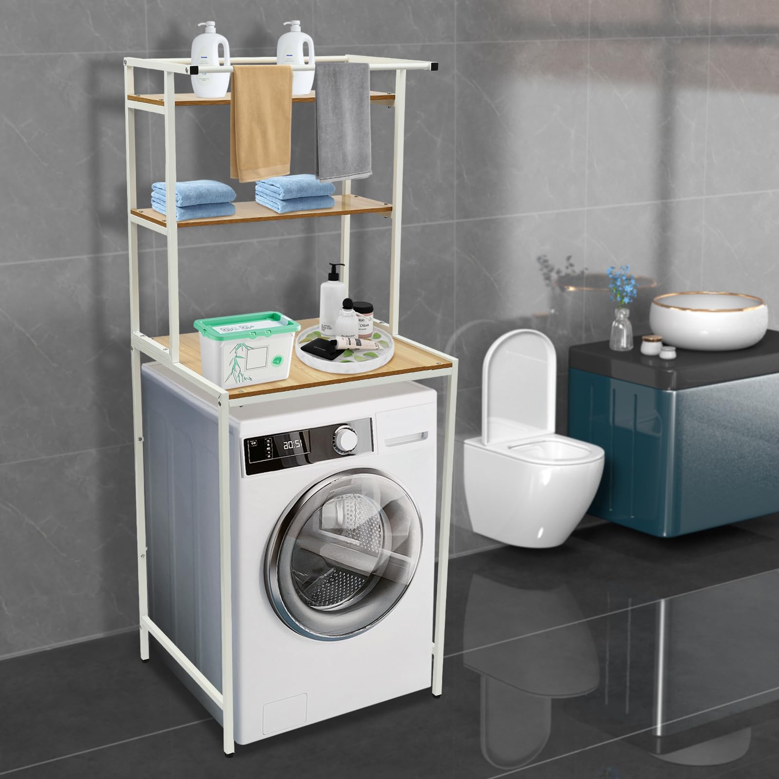 Waschmaschinenregal WC Regal über mit 3 Ablagen und Handtuchstange, Aufbewahrungsregal für Badezimmer und Waschküche, Weiß/Holzoptik, Tragkraft 10kg pro Ebene, 69 × 60 × 176,5 cm