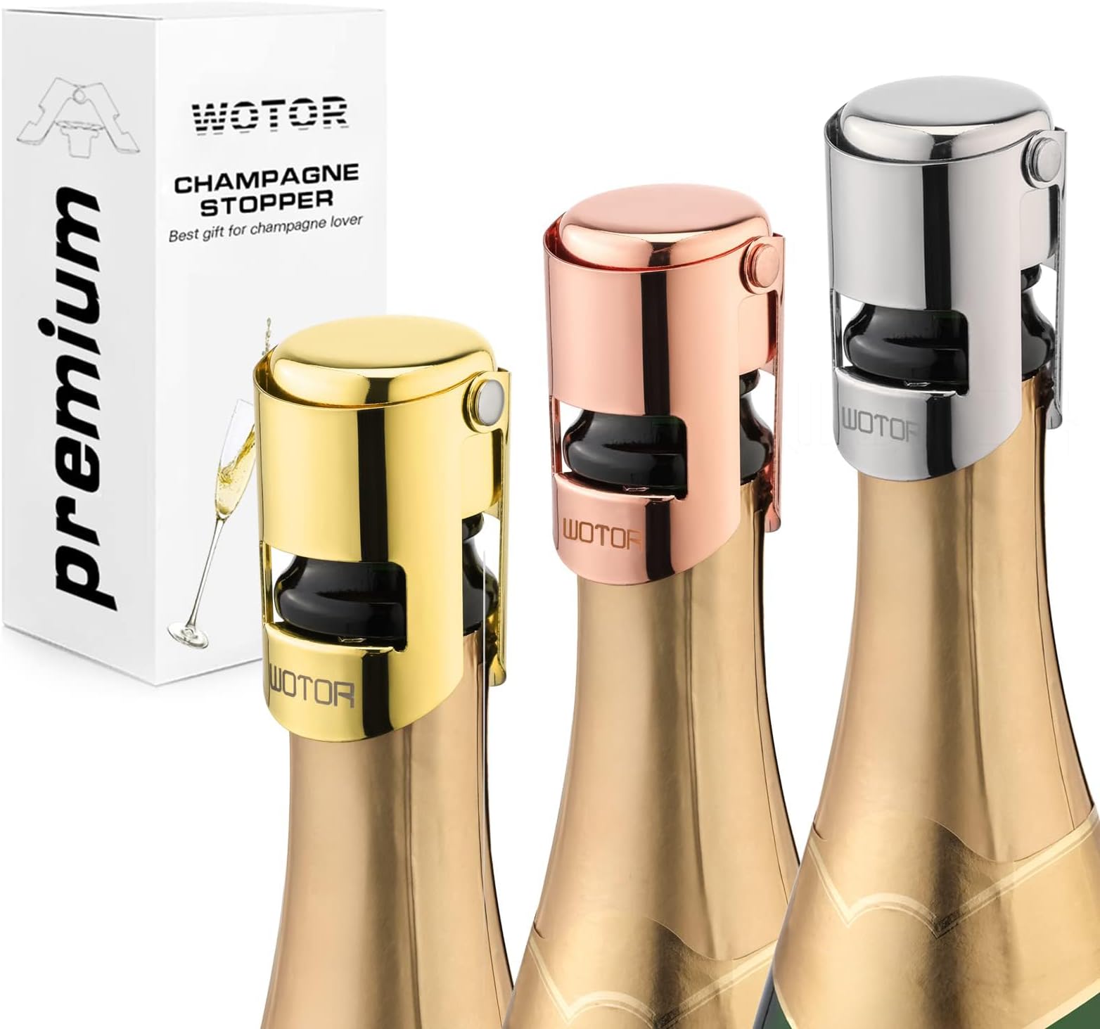 WOTOR 3 Pack Champagne Stoppers with Stainless Steel Champagne Saver with Food Grade Silicone Leak proof Keep Fresh Reusable Champagne Cork for Champagne, Cava, Prosecco and Sparkling（Triple Color）