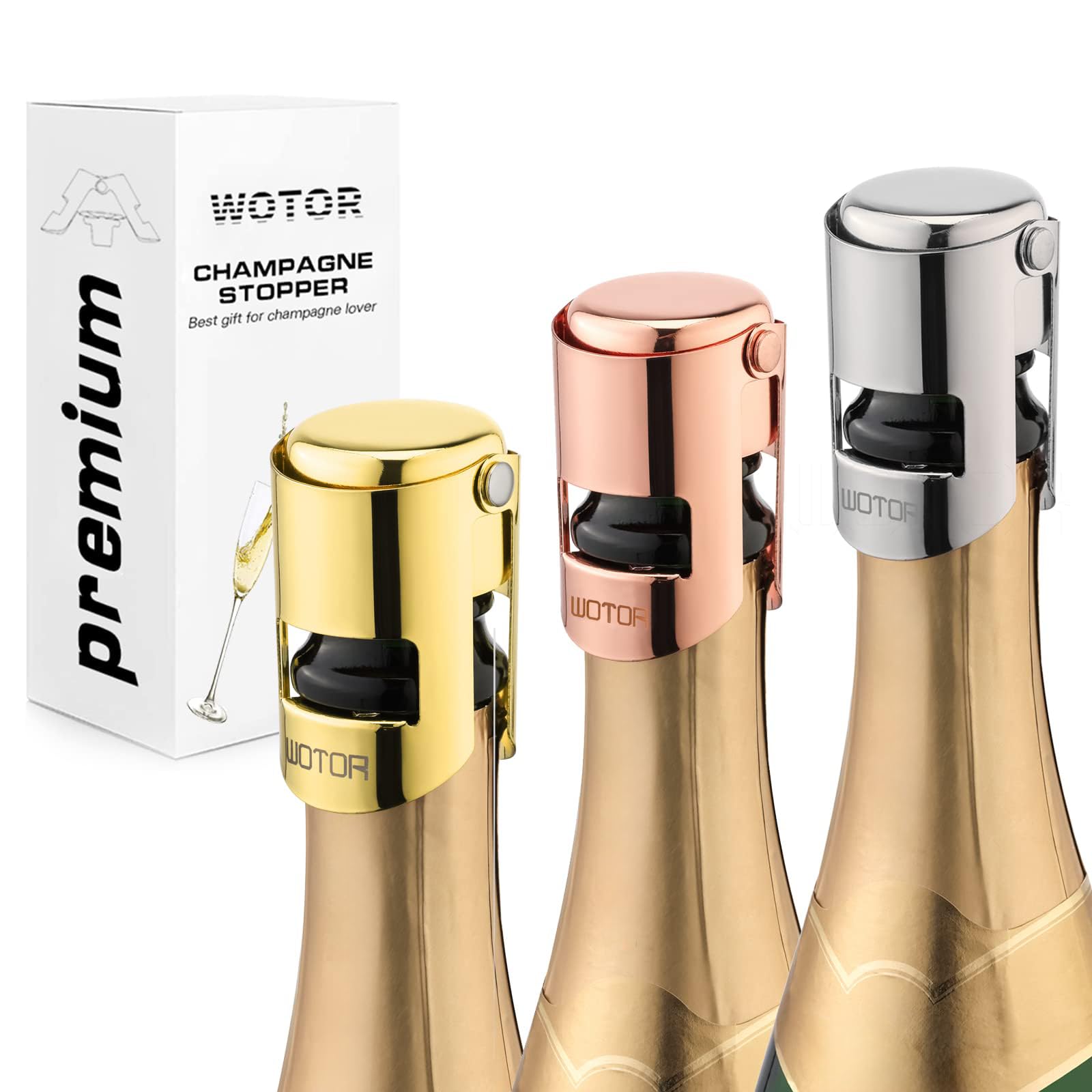 WOTOR Champagne Bottle Stoppers, Stainless Steel, 3 Pack (Triple Color)