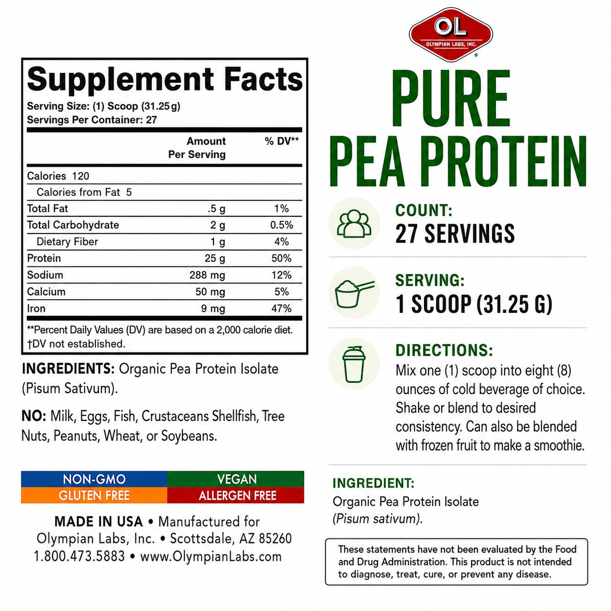 Olympian Labs Plant Based Pea Protein Powder, Unflavored - 25g of Protein, Vegan, Low Net Carbs, Gluten Free, Lactose Free, No Sugar Added, Soy Free, Non-GMO, 2 Pound Pea Protein Powder — Amazon image 4