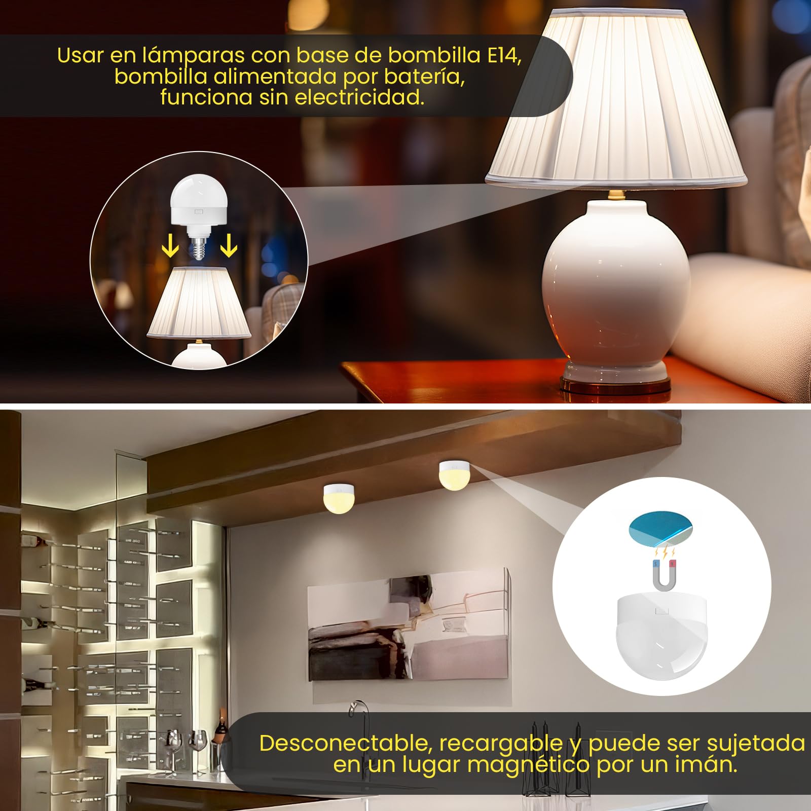 Bombilla Recagable USB-C con Mando Casquillo E14, 3 Temperaturas de Color Regulables Bombilla Bateria Recargable con Imán para Iluminación de Emergencia, Camping, Luces Nocturnas(2PCS)