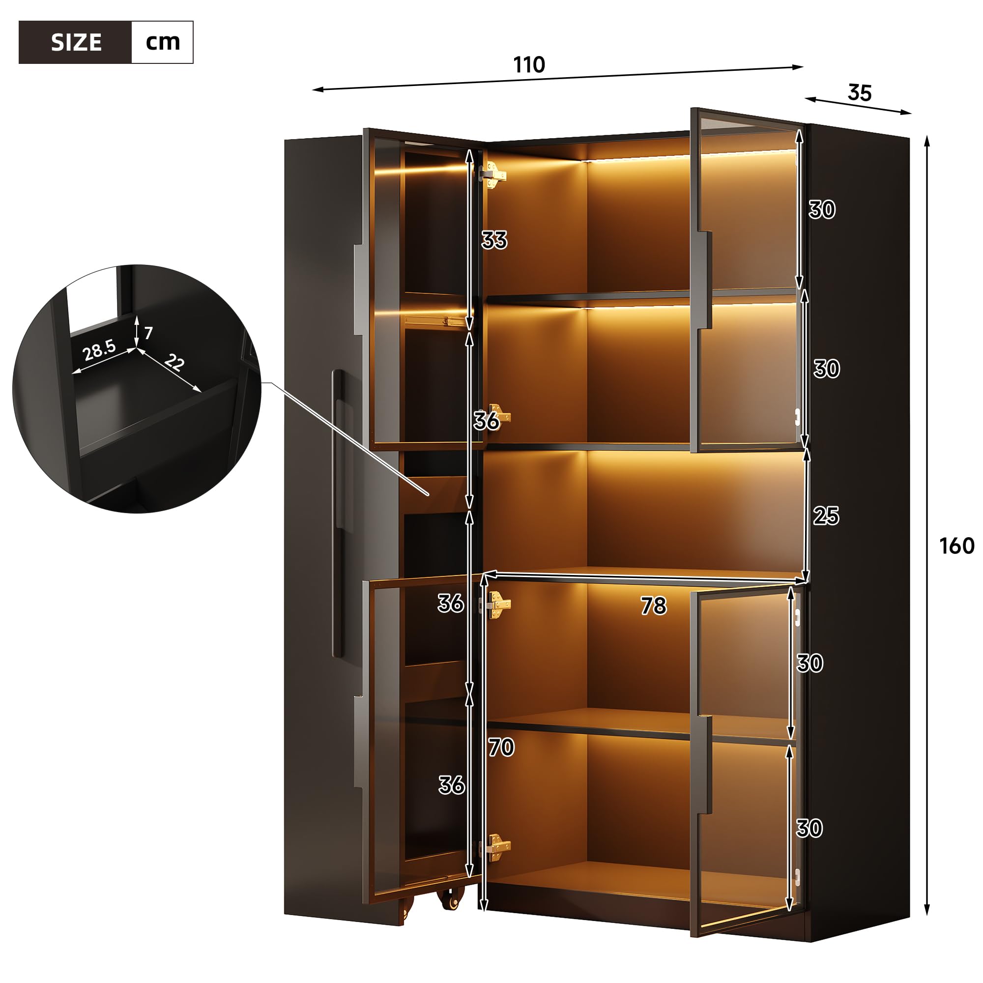 REXO Vitrina de cristal 110 × 35 × 160 cm, negro con iluminación LED, estantes y cajones extensibles, mueble de almacenamiento versátil para salón, cocina y estudio