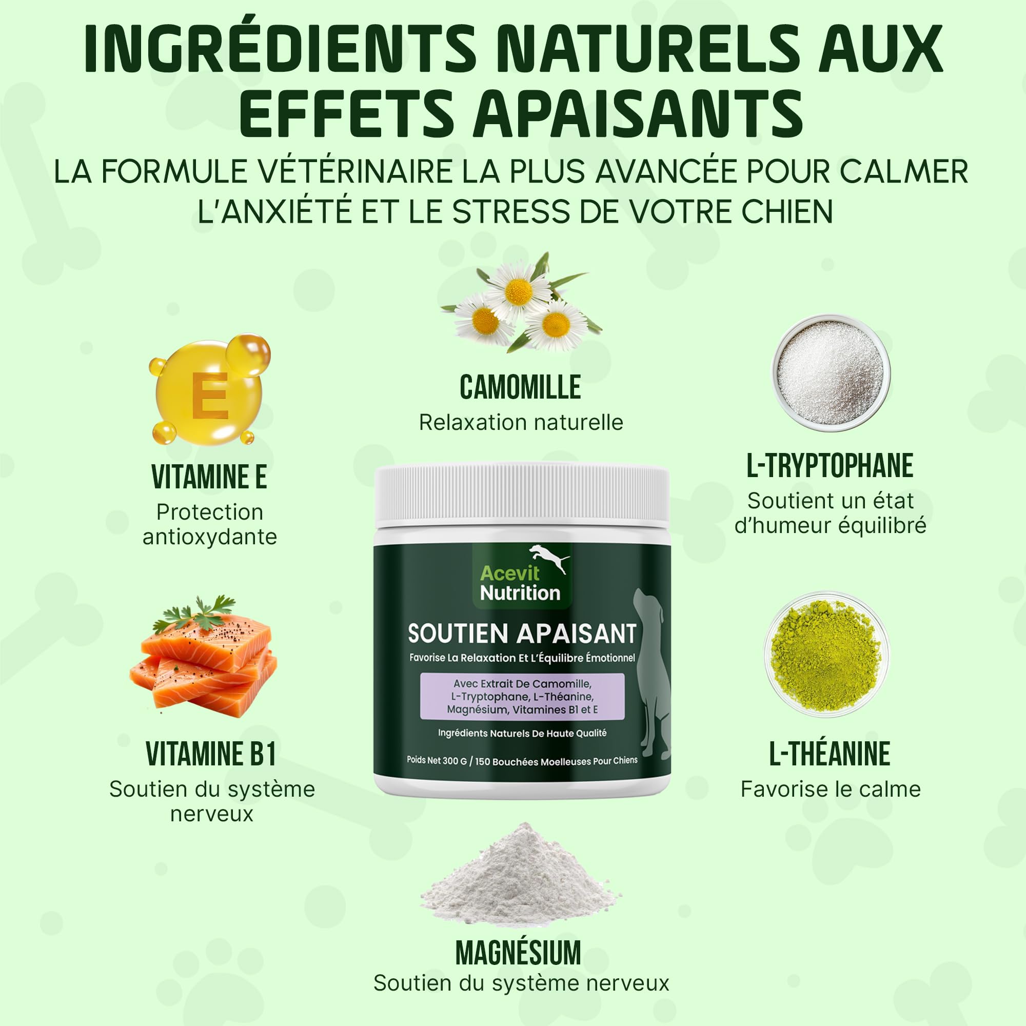 Calmant Chien Anti-Stress, 150 bouchées, 100% Naturel – Formule Vétérinaire Avancée – Chiens anxieux, stressés ou hyperactifs – Bruits, Séparation, Voyages et Feux d’Artifice