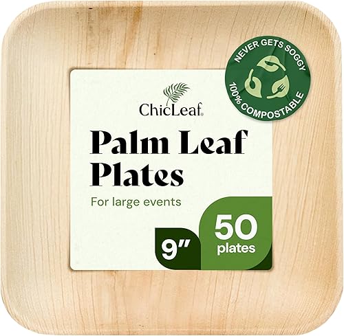Miniatura 12 de Chic Leaf Platos desechables cuadrados de hoja de palma de bambú, paquete de 100 unidades de 8 pulgadas, vajilla biodegradable y compostable, platos