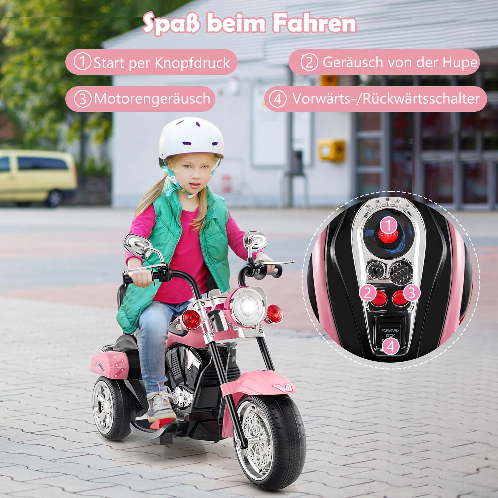 GOPLUS Motocykl elektryczny 6 V dla dzieci, trójkołowy motocykl dziecięcy z przełącznikiem do przodu i do tyłu, elektryczny motocykl, mortorcycle, pojazd elektryczny dla dzieci od 3 lat (jasnoróżowy)