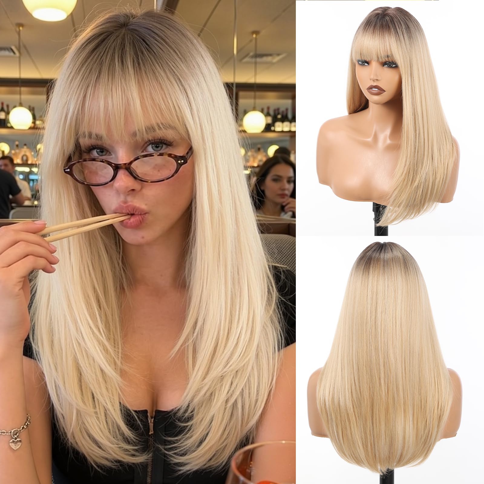 HAIRCUBE Ombre Blonde Wigs for Women 20 Inch Long Straight Layered Hair with Bangs Heat Resistant Fiber Synthetic Wigs Daily Natural looking