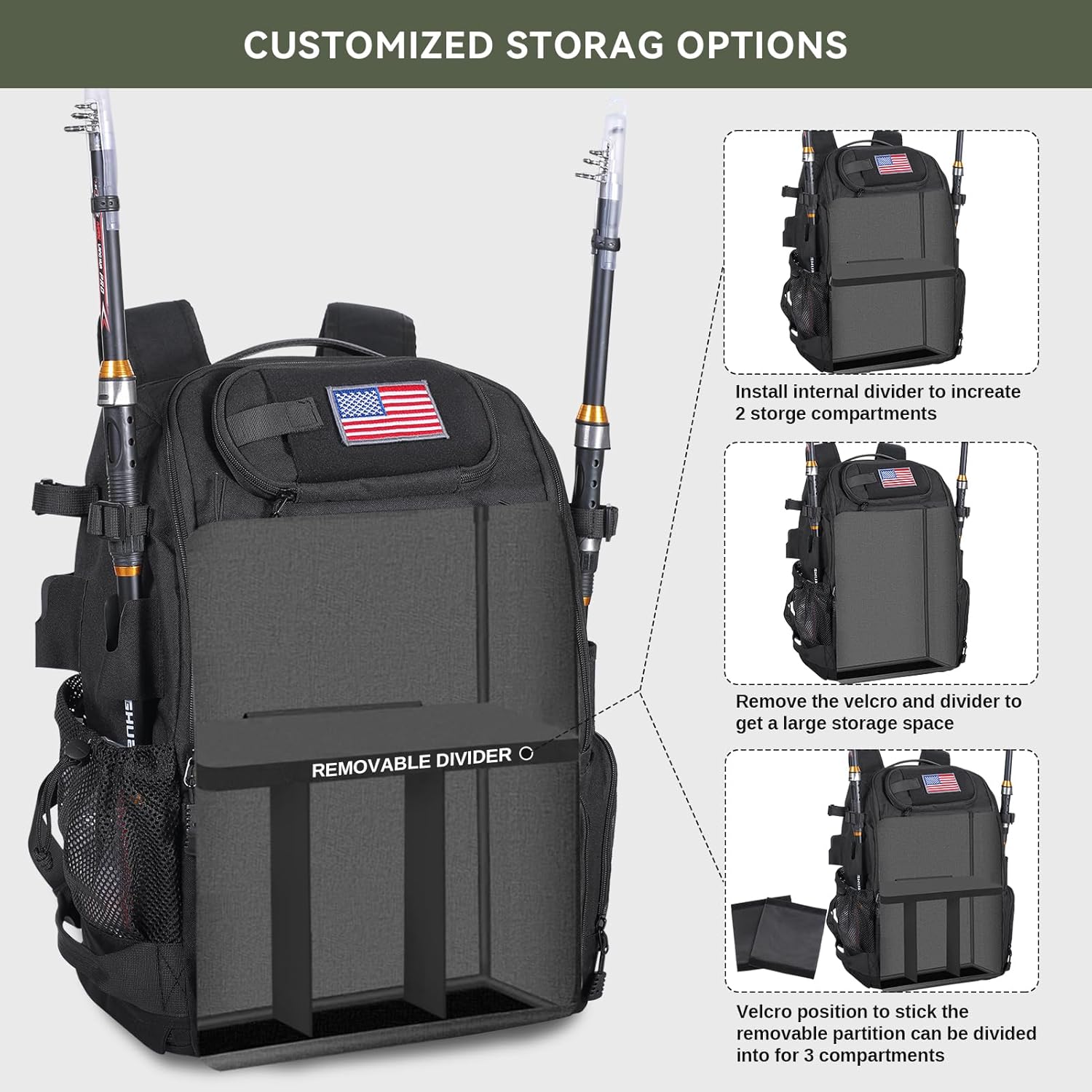 Bagenerous 39L Fishing Tackle Backpack with Rod Holders & Cooler,Water-resistant Fishing Gear Storage Bag with Protective Rain Cover,Black
