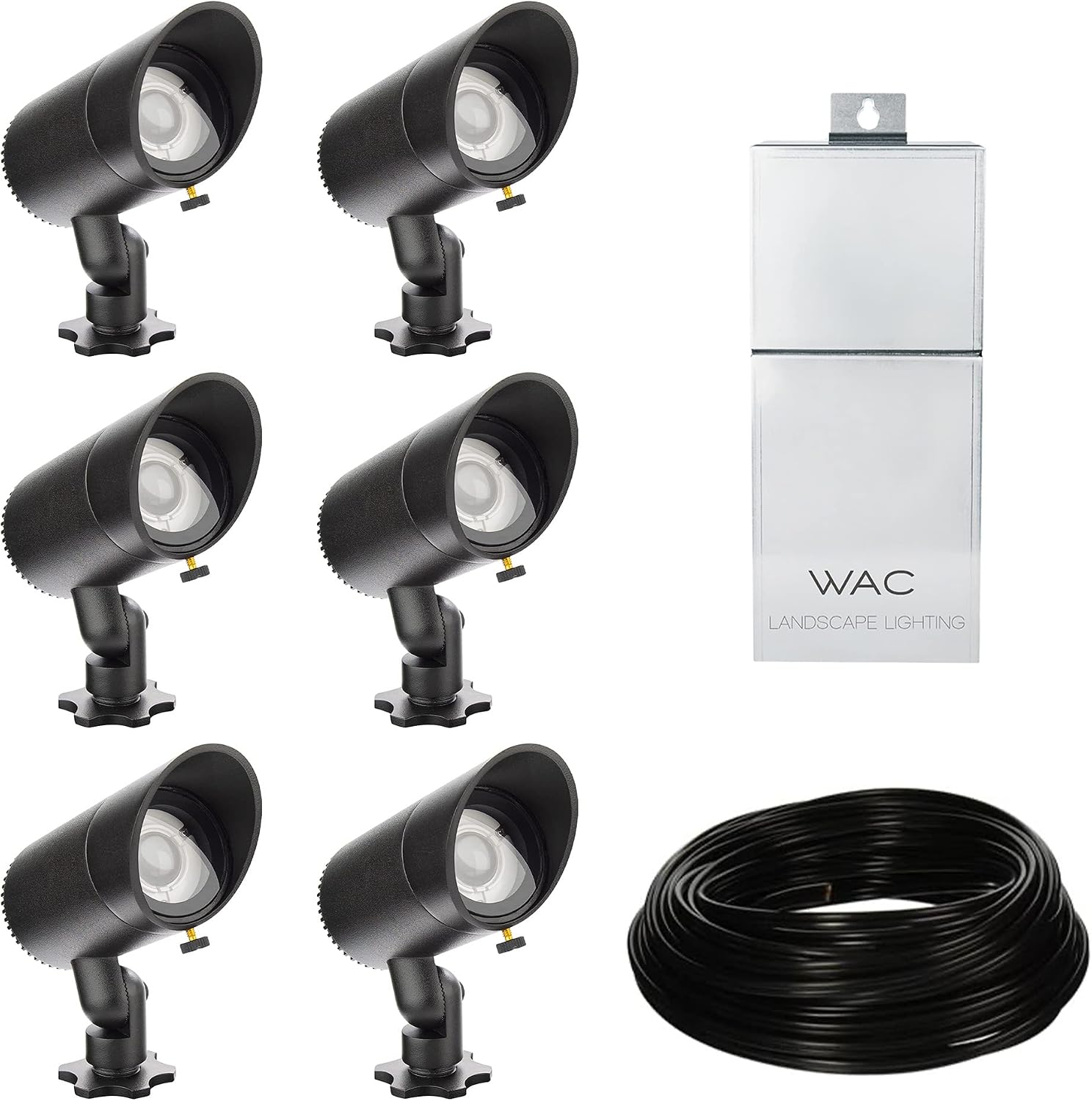WAC Landscape Lighting, LED 12V Landscape Lighting Kit with 150W Power Supply 100Ft Cable Spool and 6X Basic Accent Light 6W 2700K in Black