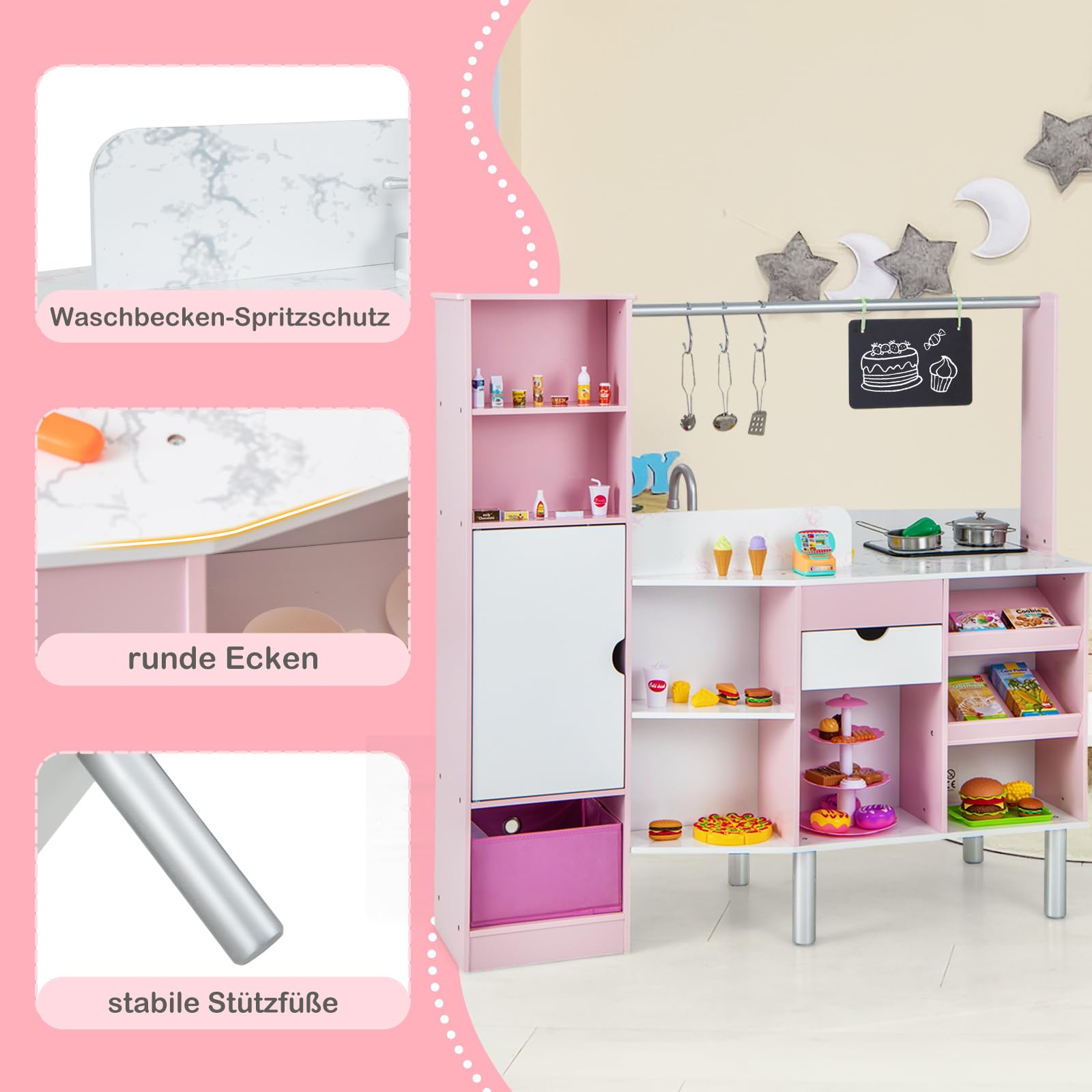 COSTWAY 2 in 1 Kinderküche & Kaufladen, Spielküche mit Licht und Sound, interaktiver Eismacher & Tafel, inkl. 82 Zubehörteile, doppelseitig, Spielzeugküche für Kinder ab 3 Jahren