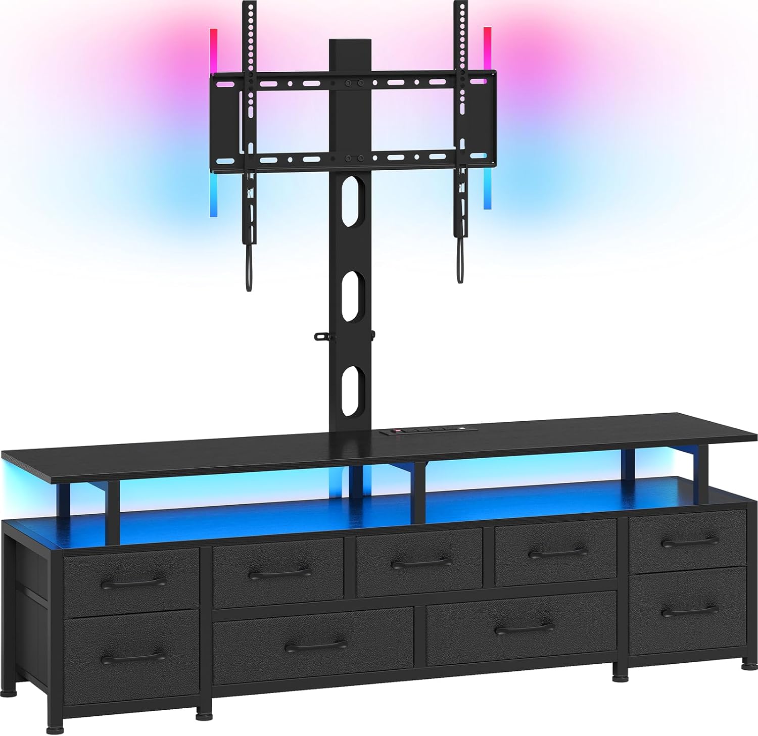 TV Stand with Mount and Power Outlet for 32/50/65/75 inch TVs, LED TV Stand with 9 Fabric Drawers, Entertainment Center for Living Room, Bedroom (Black, Functional)