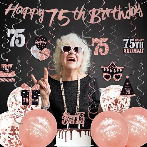 Miniatura 2 de WOJOGO Decoraciones de cumpleaños número 75 para mujer, decoraciones de cumpleaños número 75 de oro rosa para mujer, pancarta de feliz cumpleaños 75