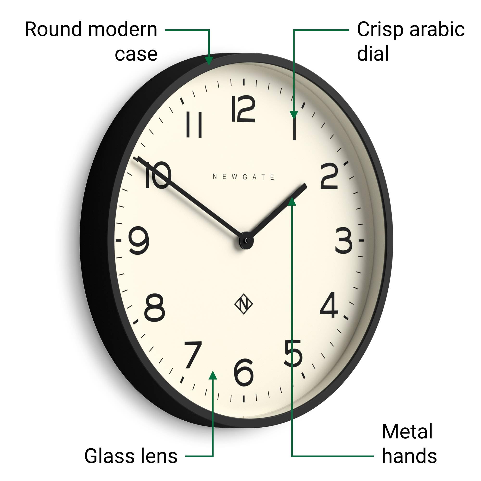 NEWGATE® Number Two Echo Reloj de Pared | Gran Reloj Redondo Moderno | 45cm | Negro | Números fáciles de Leer | Ideal para Cocina, salón u Oficina