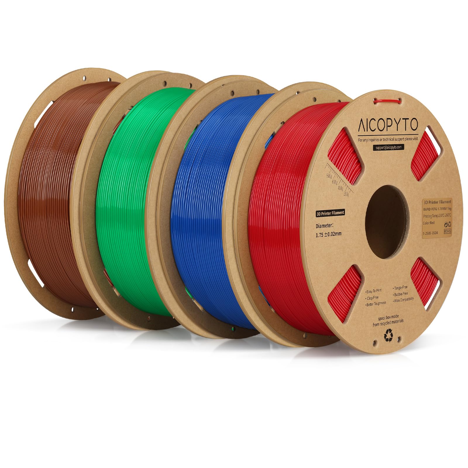 PETG Filament Bundle 4KG, High Speed 30-600mm/s Filament Rapid PETG 1.75mm Dimensional Accuracy +/- 0.02mm, 1kg Cardboard Spool(2.2lbs) Fits for Most FFF 3D Printers, Red+Blue+Green+Brown