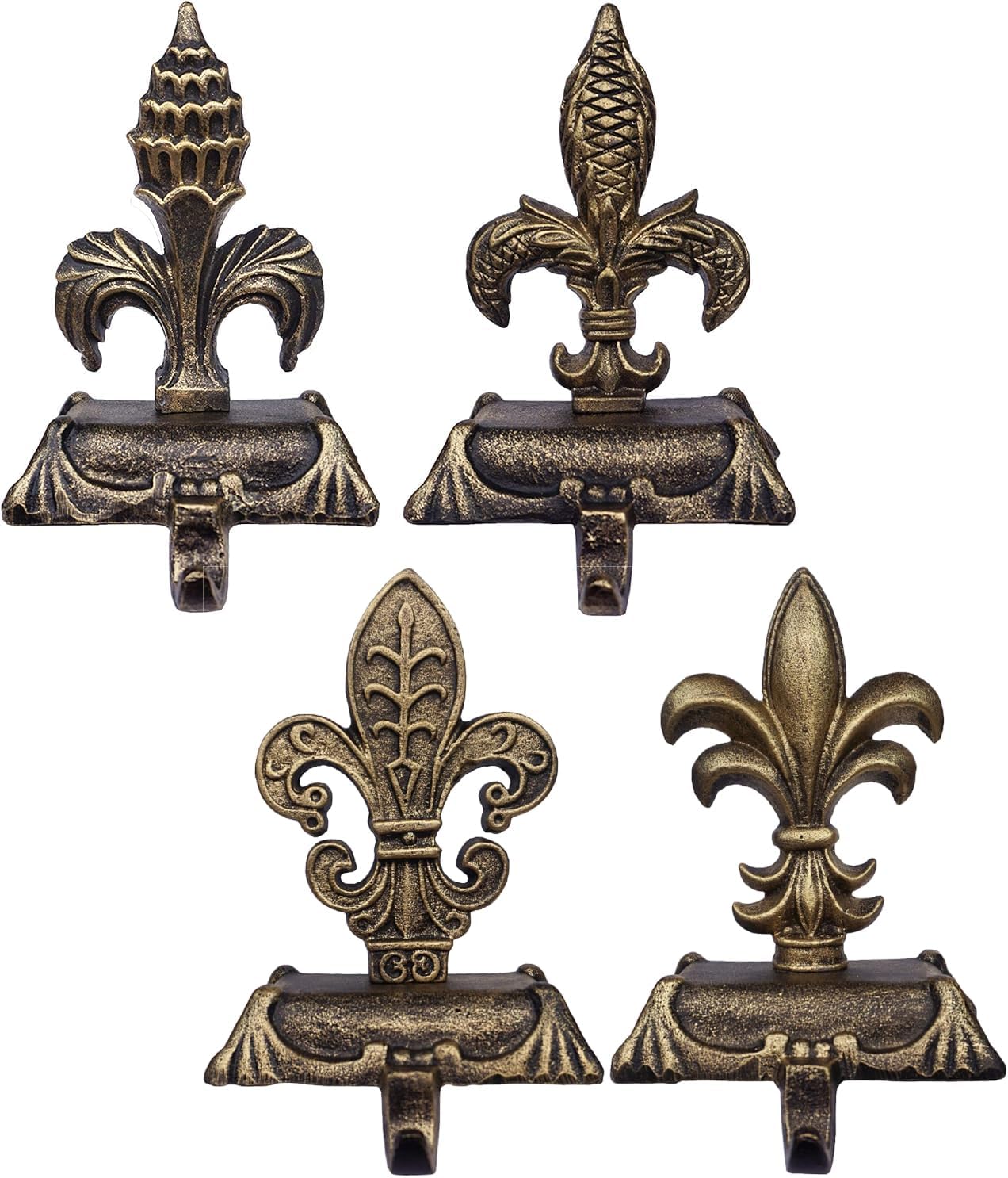Lulu Decor, Cast Iron Metallic Gold Fleur de lis Christmas Stocking Holders, Strong Sturdy Hooks on a Strong Wide Base, Sophisticated Hooks, Beautiful Mantel Decoration (4 Piece Set)