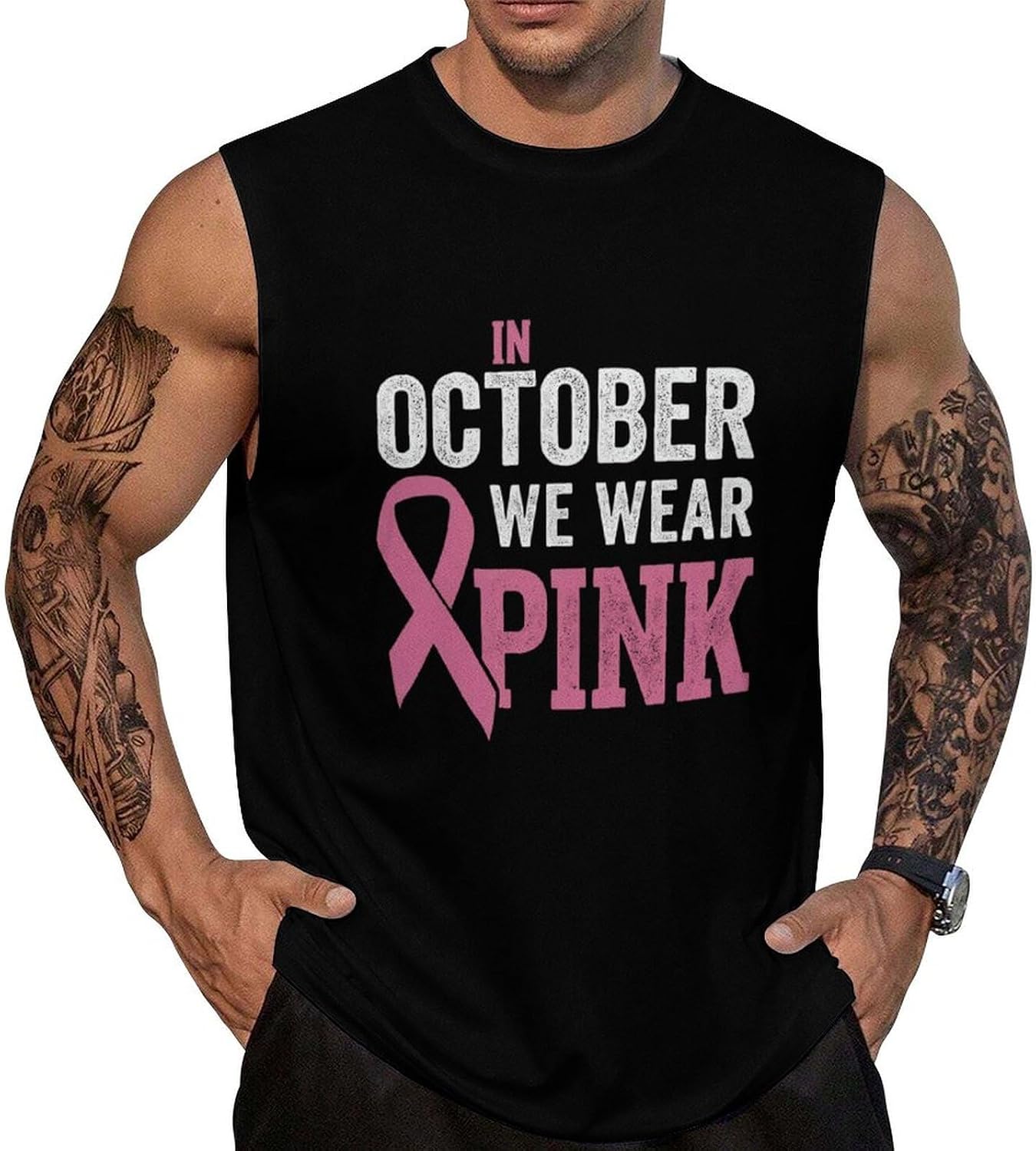 in October We Wear Ribbon Men Summer Sleeveless Crew Neck Top 5XL