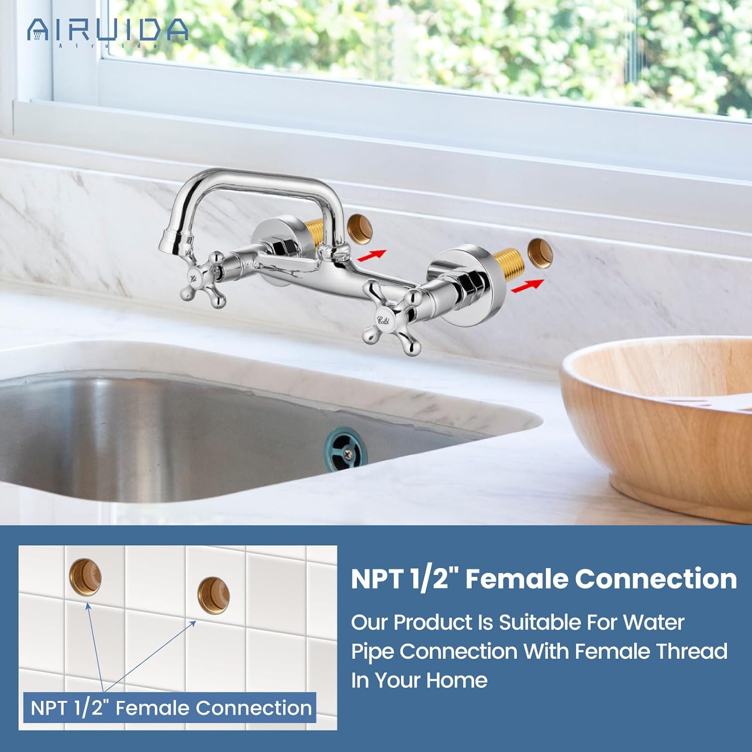 Airuida Grifo De Fregadero De Cocina De Montaje En Pared Para Pico De 6 Pulgadas (5.9 In), Centro Ajustable, Centro Ajustable, Asas Cruzadas, Agua Caliente Y Fría, Grifo Mezclador Giratorio 360