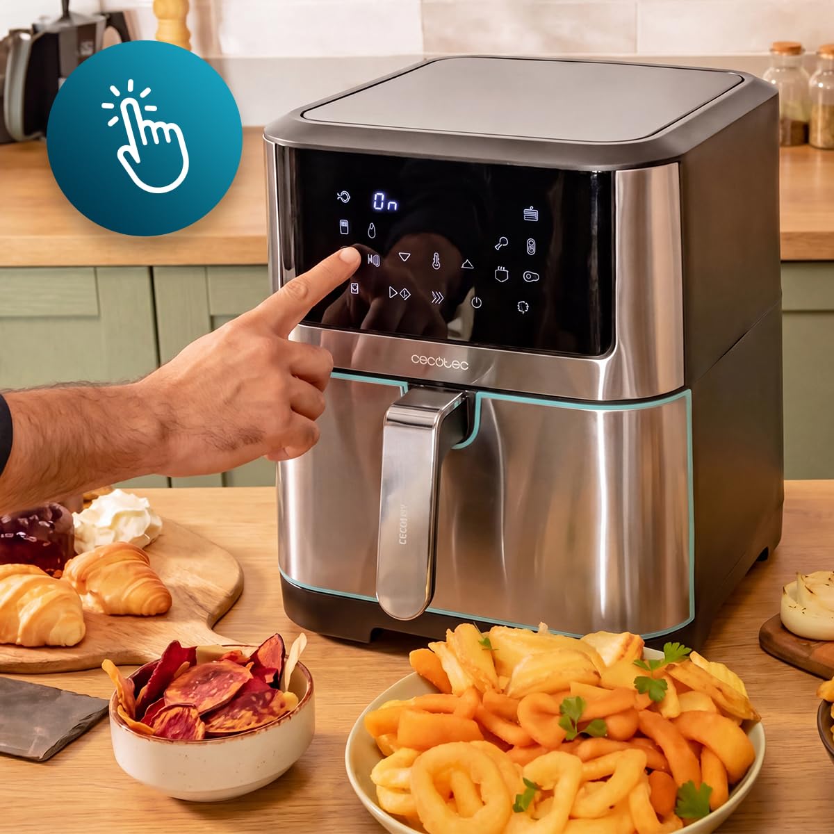 Cecotec Frytkownica na gorące powietrze Cecofry Supreme 8000 Hot. pojemność 8 l, 1800 W, konstrukcja ze stali nierdzewnej, sterowanie dotykowe, 10 programów, 30-200 stopni, funkcja Pre-Heat i