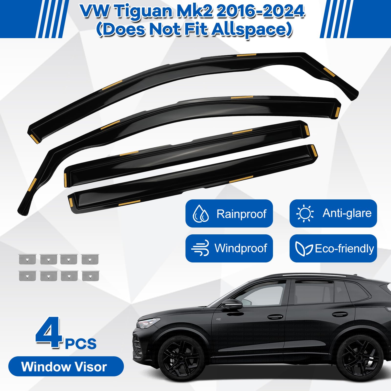 Déflecteur de Vent Déflecteur de Pluie Compatible avec VW Tiguan Mk2 2016-2024 Déflecteurs de Pluie Vitres Latérales avec Clip Fixe - 4 Pièces