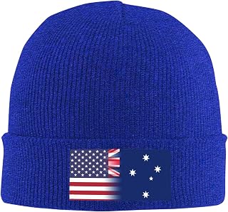 American Flag and Australian Flag Winter Cuffed Warm Beanie Cap Adult Ski Stretchy Knit Hat Print Headgear