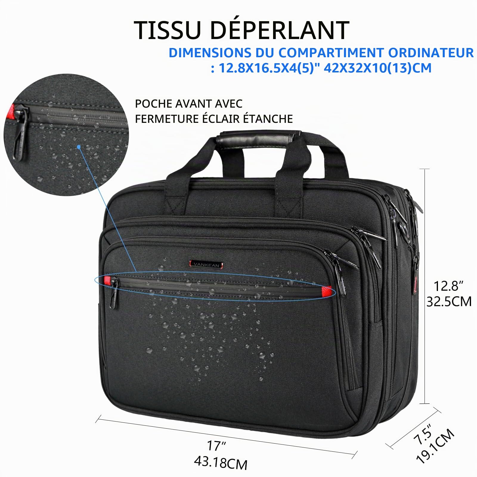 VANKEAN Mallette pour Ordinateur Portable pour Homme Femme, Convient Jusqu'à 17,3 Pouces pour Extensible de Supérieure pour Sac à Bandoulière Hydrofuge pour Voyage/Affaires/École,Noir