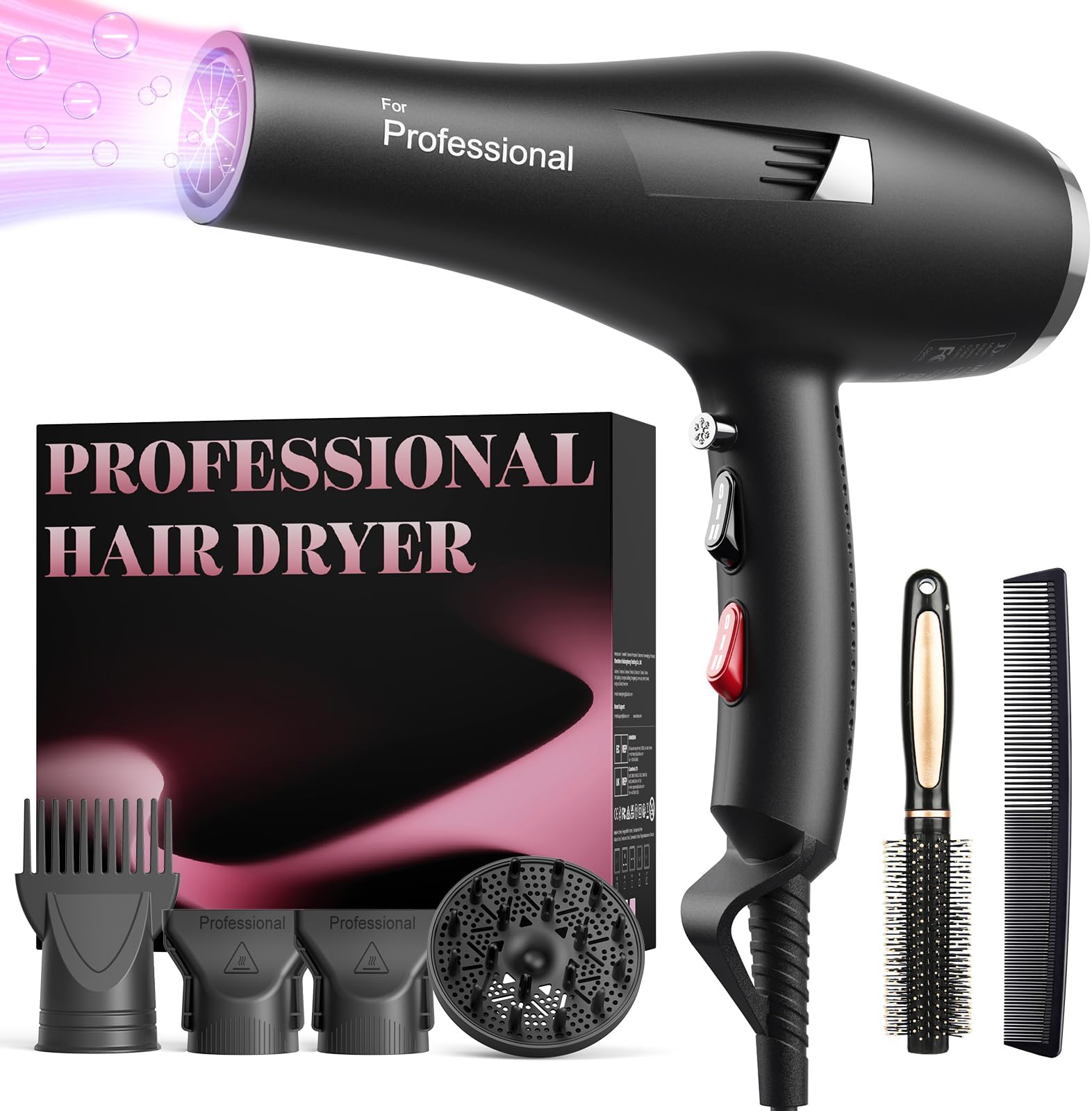 Dekuri Hair Dryer Professional Ionic Hairdryer with 1 Diffuser & 2 Concentrator, Nozzle, 2 Speed 3 Heat Setting, Cool Button for Women Men, Black