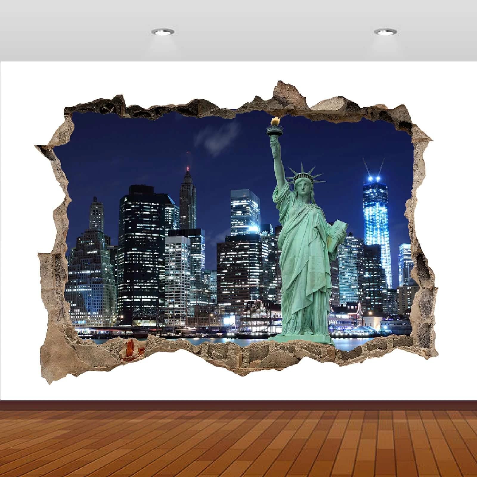 Vinilos Decorativos 3D Rotos Vista Nocturna Del Horizonte De La Ciudad Tatuaje de pared vinilo extraíble decoración del hogar Calcomanías impermeables para Guardería Habitación Decoración de pared
