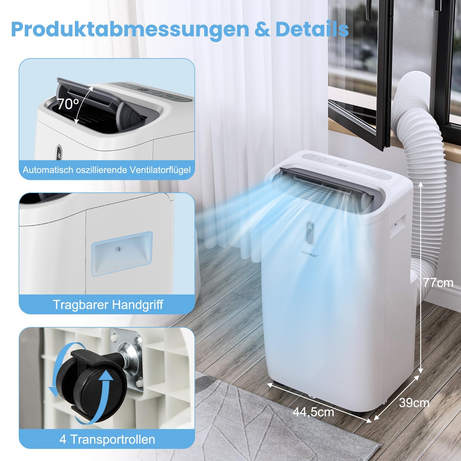 COSTWAY 14000BTU Klimagerät mit Abluftschlauch 4100W | Klimaanlage 5 in 1 Kühlen, Heizen, Entfeuchten, Schlafmodus für Räume bis zu 135 m³, Fernbedienung/App, 24H Timer