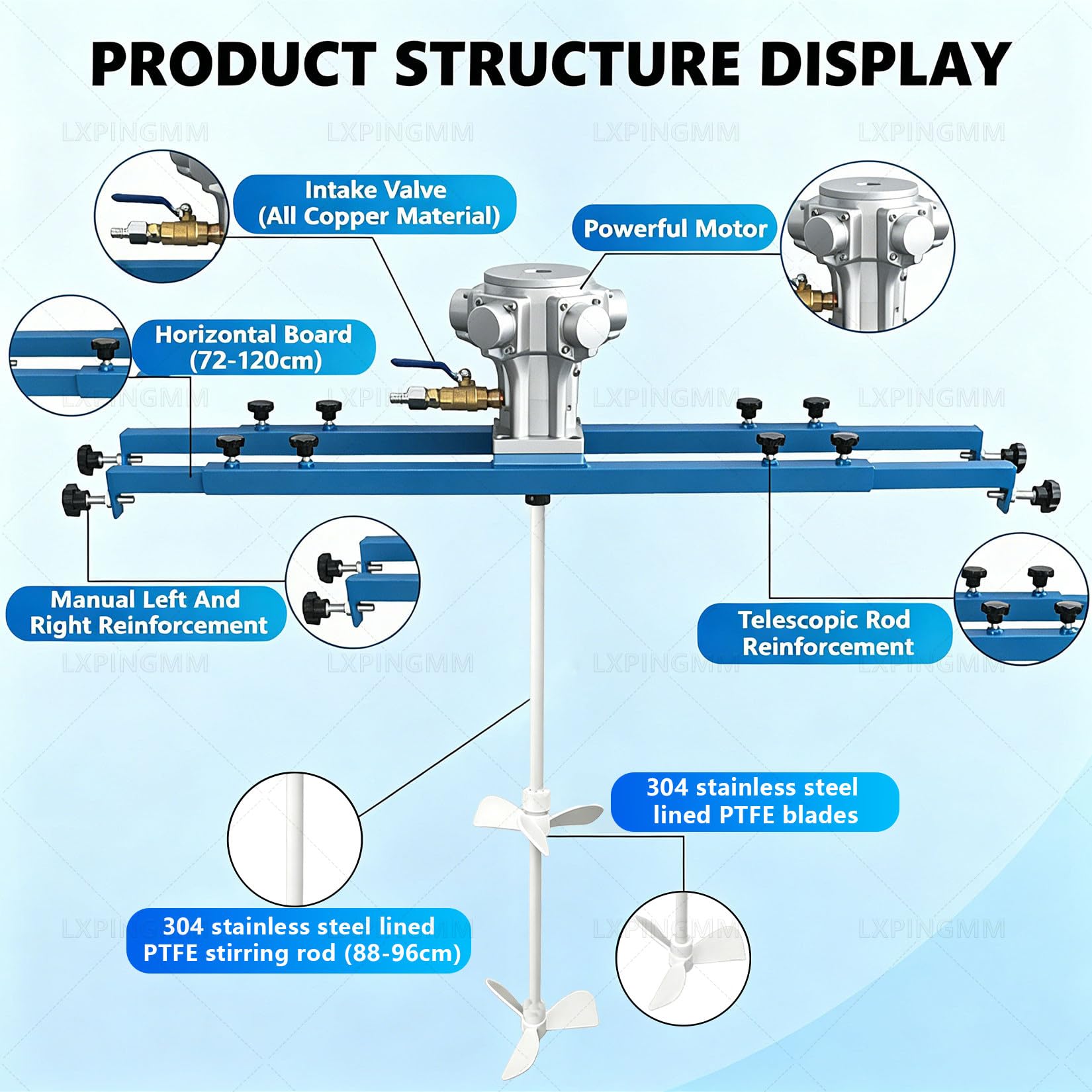 Mezcladora neumática para contenedores IBC y bidones Small5Cylinder | con Soporte Telescópico 72-120cm,Eje de agitación y paletas de acero inoxidable 304 recubiertos de PTFE,para Pintura,Tintas