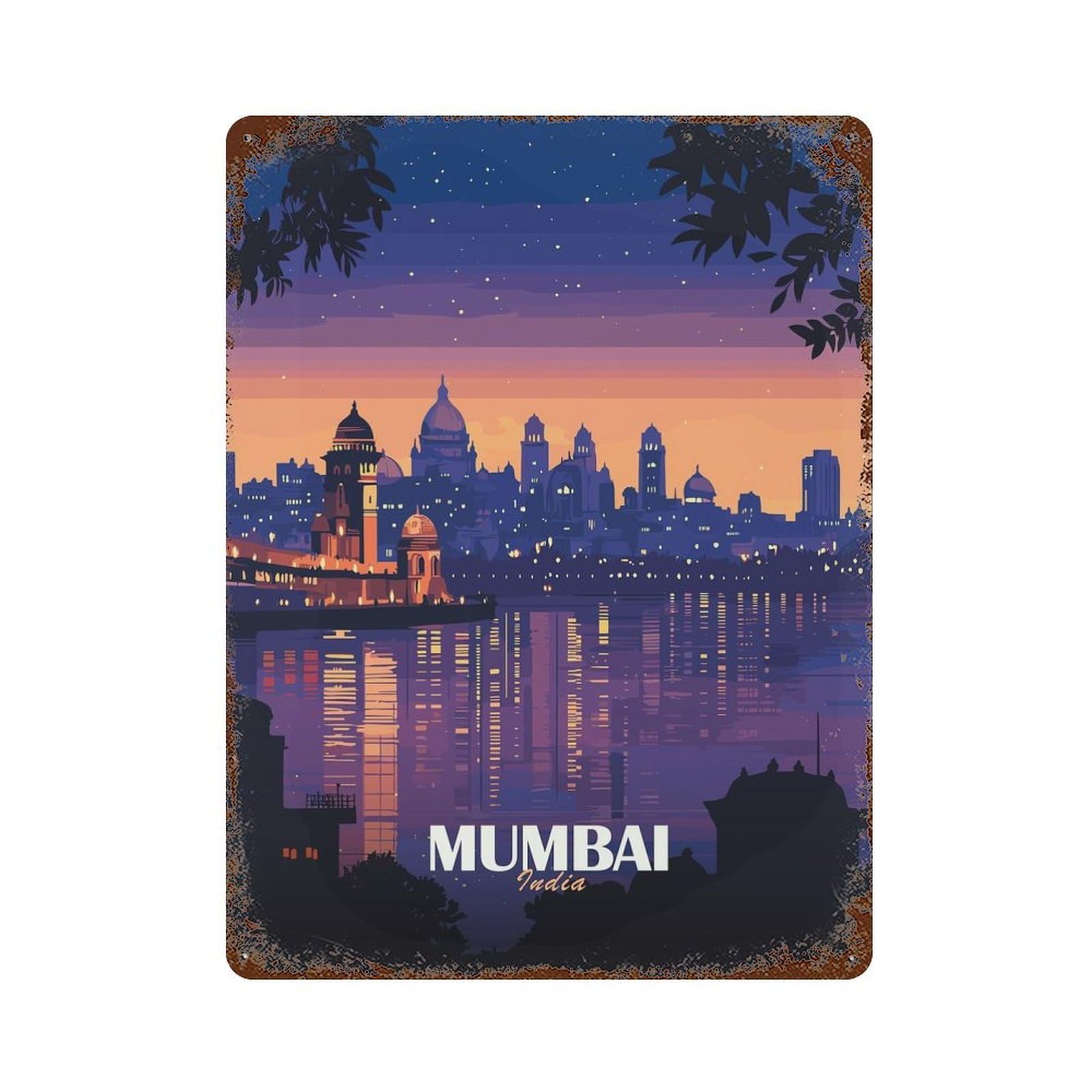 Mumbai India Skyline at Dusk Weathered Tin Sign 15.7"x11.8", Classic Wall Plaque for Garage, Bar And Workshop Decor