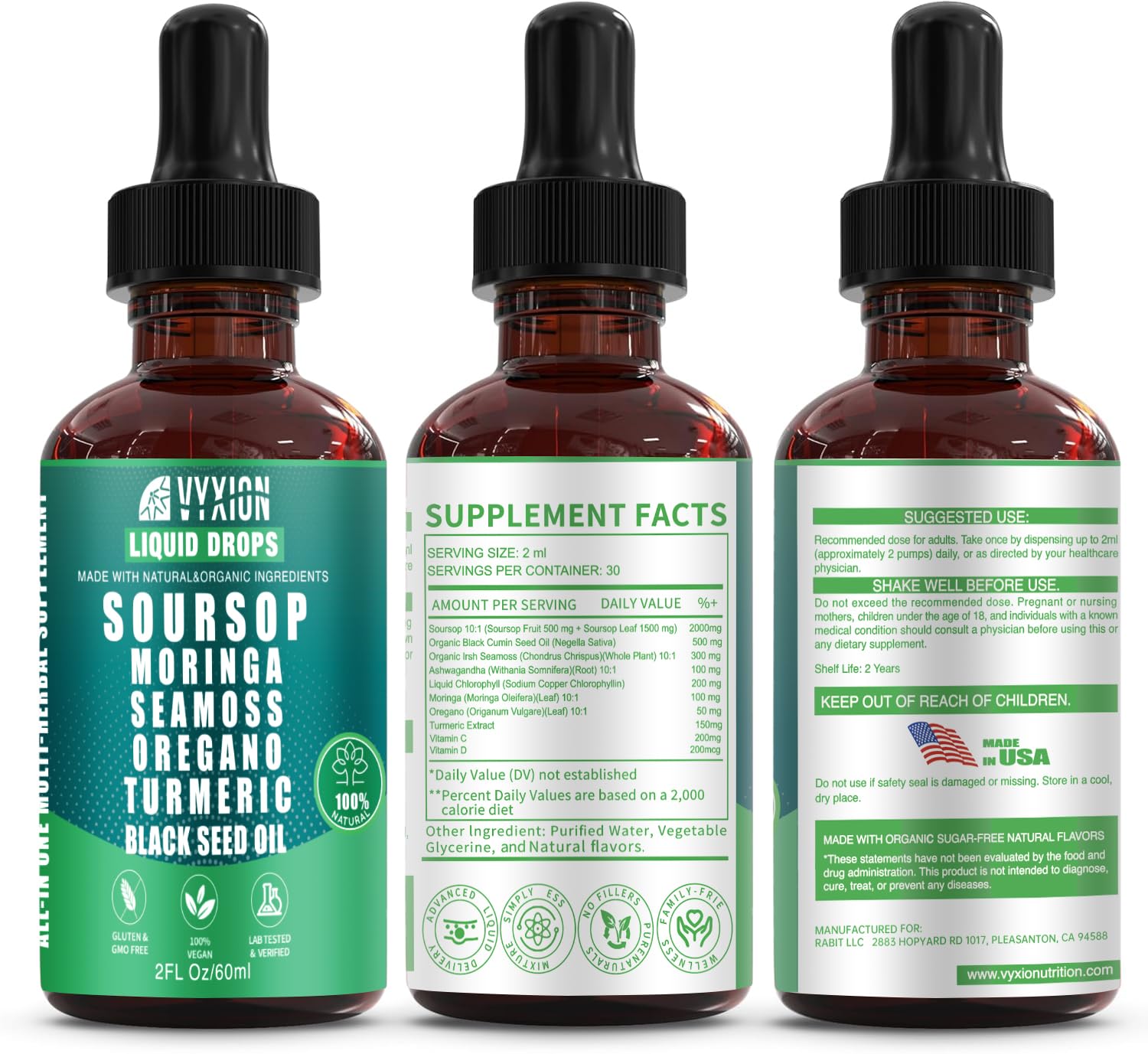 Vyxion Soursop Bitters Liquid Drops 10 in 1 with Sea Moss, Moringa, Turmeric, Black Seed Oil, Oregano, Ashwagandha | Herbal Extracts for Overall Health-Enhancing | Vegan, Non-GMO | 2 Fl Oz — Amazon image 9