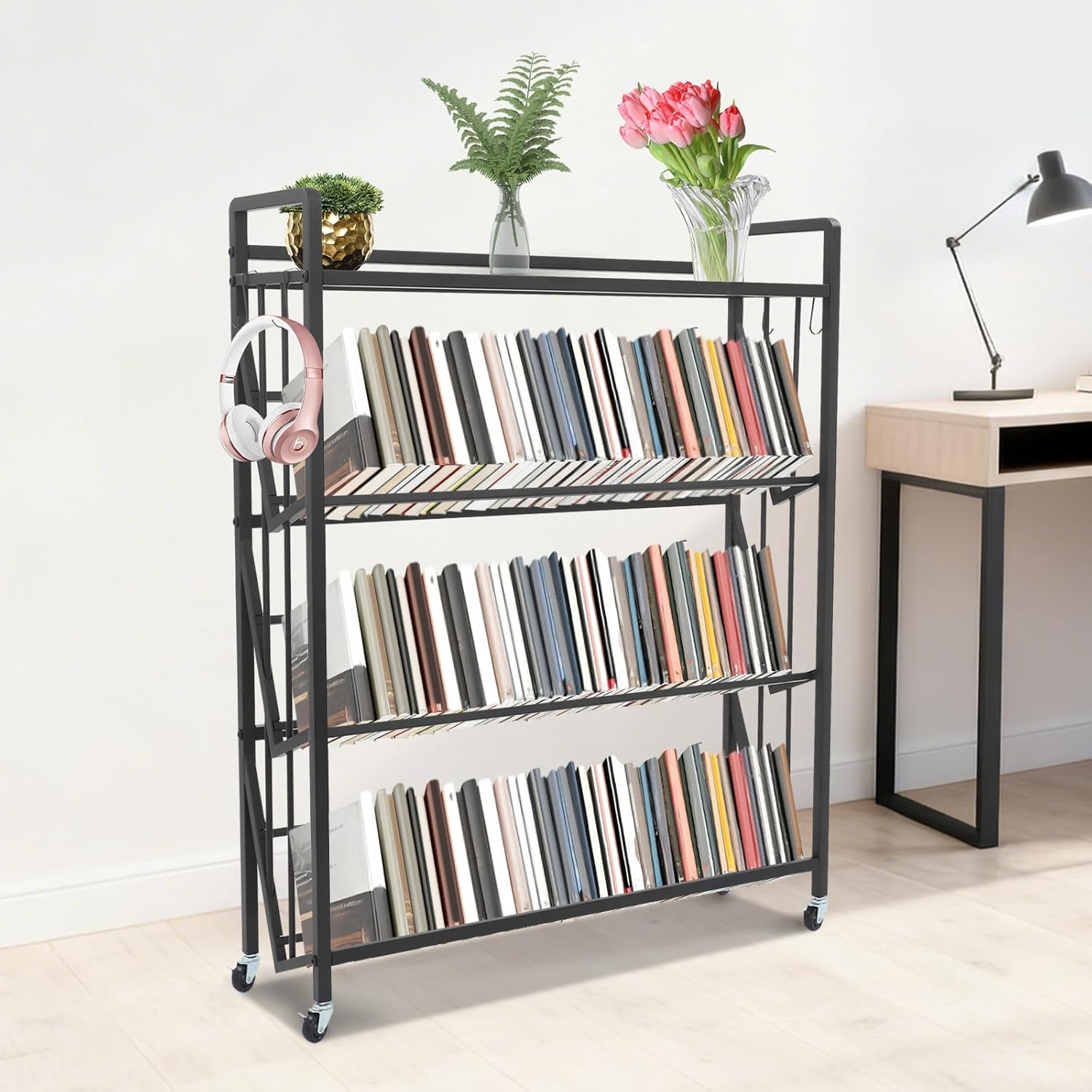 Rolling Library Book Cart, 4-Tier Rolling Book Cart, Black Metal Bookshelf with Wheels, 35.4x9.8x44.1 Inches, Storage Organizer with Hooks and Brakes for Living Room, Office, Classroom