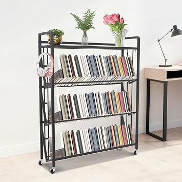 4-Tier Rolling Book Cart, Large Capacity Mobile Storage Rack for Books with Brakes Modern Organizer for Home Office Classroom Library Black