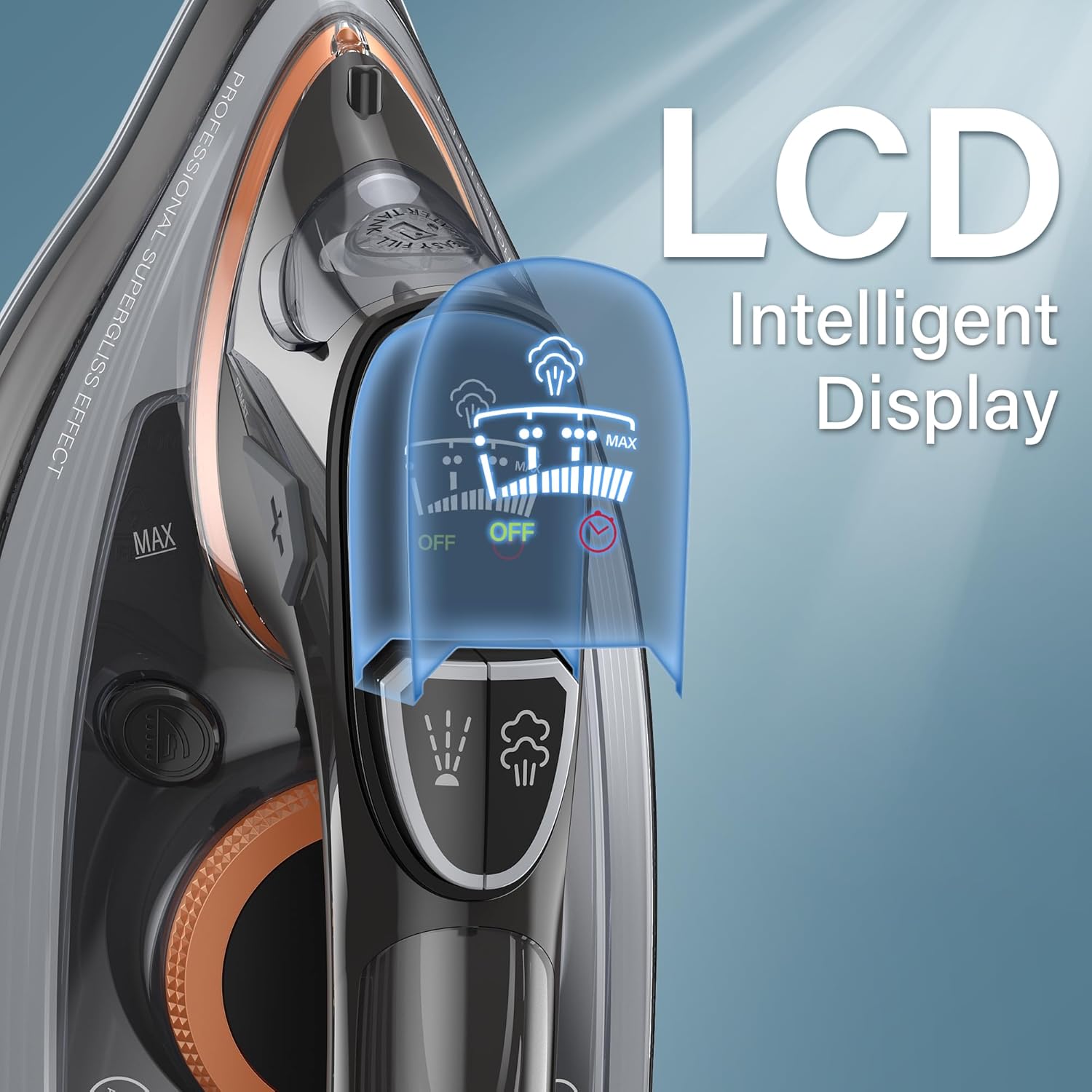 Steam Iron for Clothes with LCD Screen, 1700W Iron Non-Stick Ceramic Soleplate, Auto Shutoff, Self-Cleaning, Anti-Drip, Steam Burst, Spray Mist 10.14oz Water Tank Ironing Clothes for Home,Grey