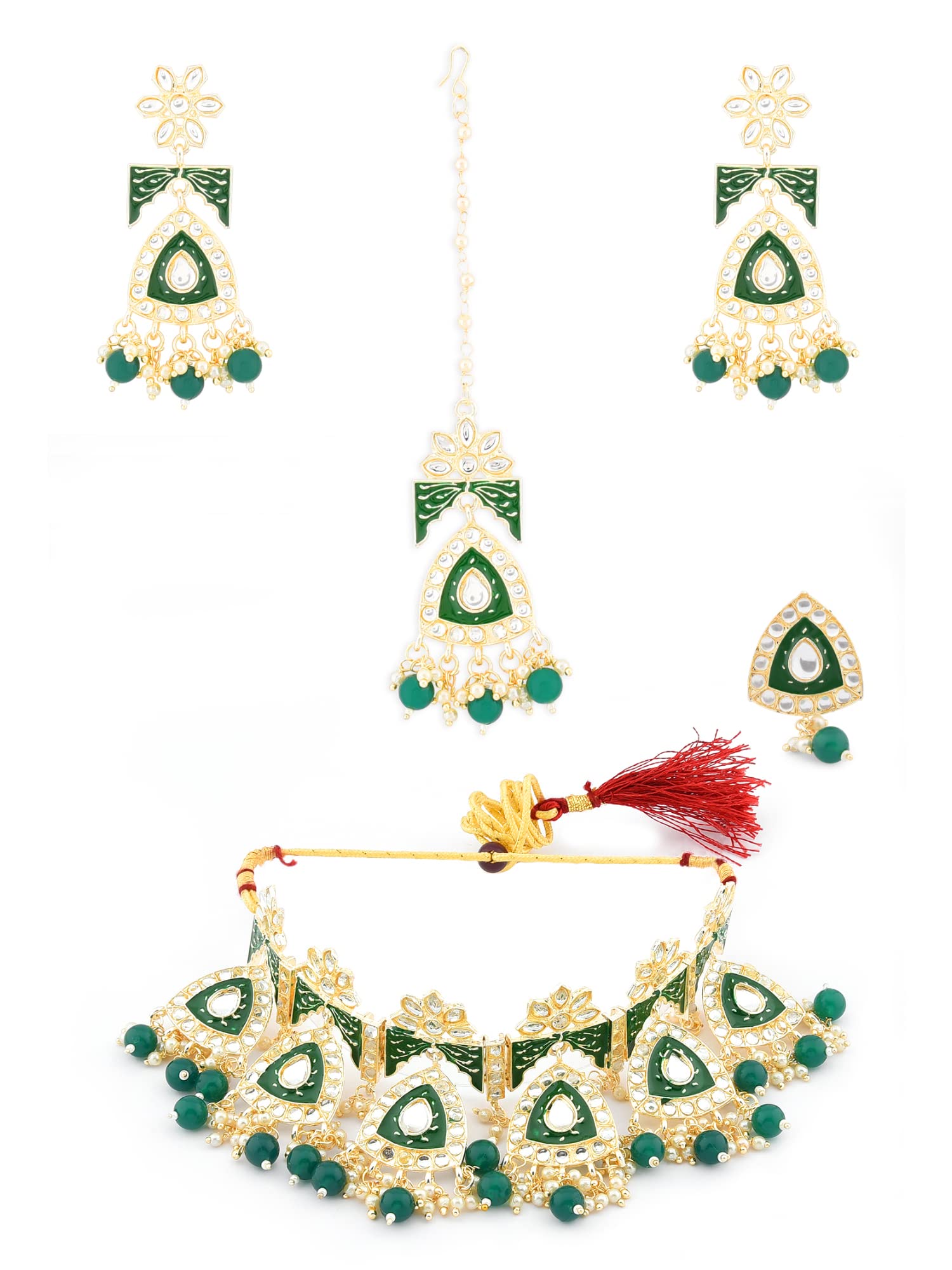 ZAVERI PEARLS Green Meenakari Kundan Choker Necklace Earring Maangtikka & Ring Set For Women-ZPFK12618 (B09WVNG33Q) Amazon Price History, Amazon Price Tracker