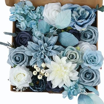 Multi Use Dusty Blue White Artificial Flowers Combo for DIY Centerpieces Arrangements Wedding Bridal Bouquet Table Chair Decor Candle Holder Baby Shower Cake Decor Flower Strips Home Decor