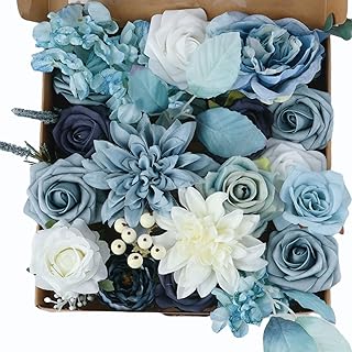 Multi Use Dusty Blue White Artificial Flowers Combo for DIY Centerpieces Arrangements Wedding Bridal Bouquet Table Chair Decor Candle Holder Baby Shower Cake Decor Flower Strips Home Décor