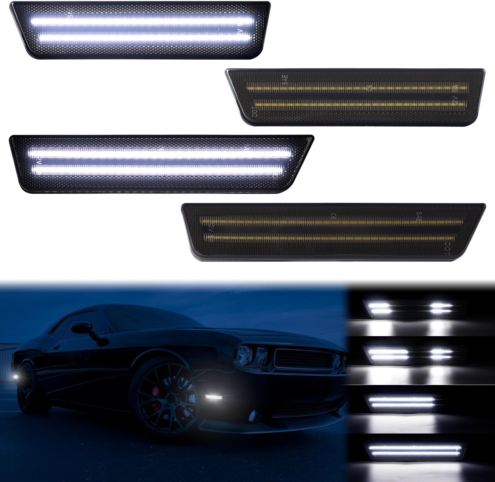 Dynamic White LED Side Marker Lights for Dodge Challenger 2008 2009 2010 2011 2012 2013 2014 Front Rear Bumper Maker Lamps 4PCS, Smoked Lens